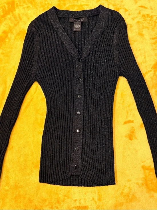Express Black Ribbed Button-Front Cardigan - Picture 2 of 5